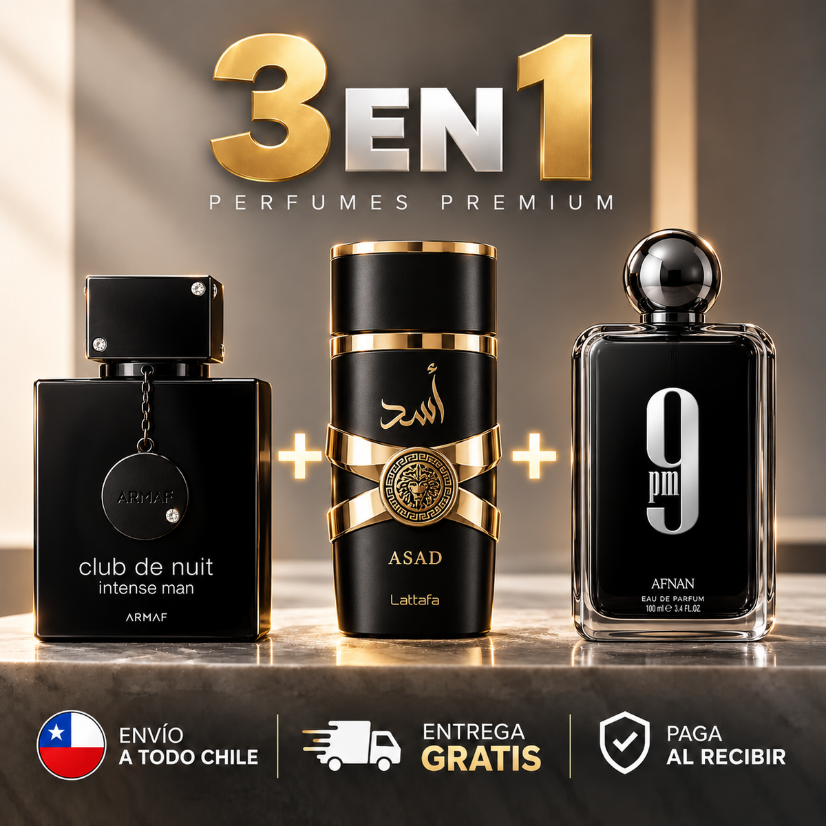Pack 3x1 Perfumes Hombre | Armaf Club de Nuit Intense + Lattafa Asad + Afnan 9PM 100ml cada uno