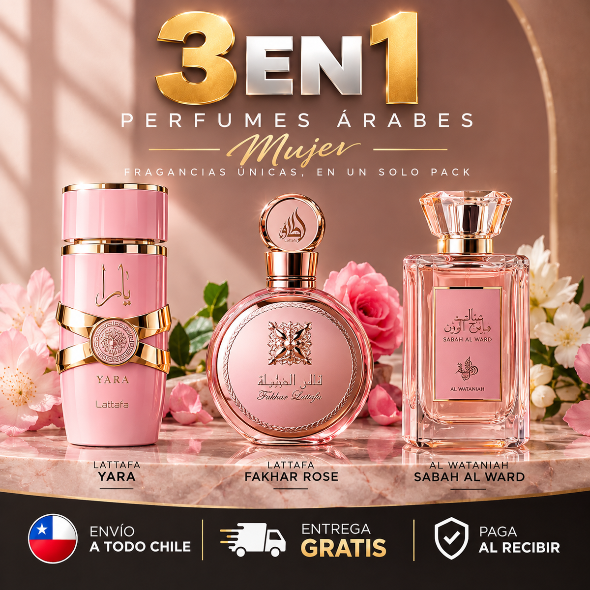 Pack 3x1 Perfumes Árabes Mujer | Yara + Fakhar Rose + Sabah Al Ward 100ml